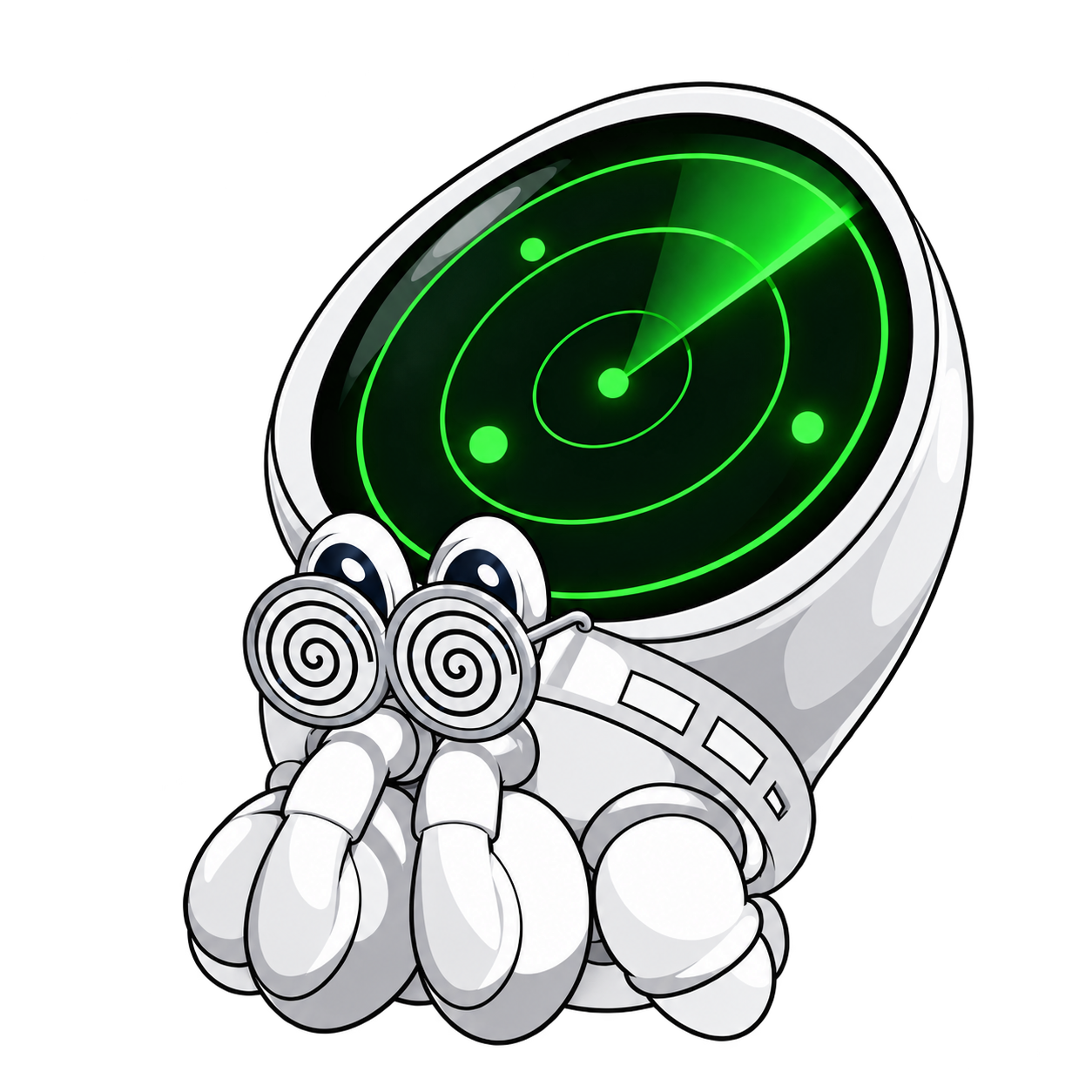 Clawsyn silver hermit crab with a rotating green radar, on a transparent background.